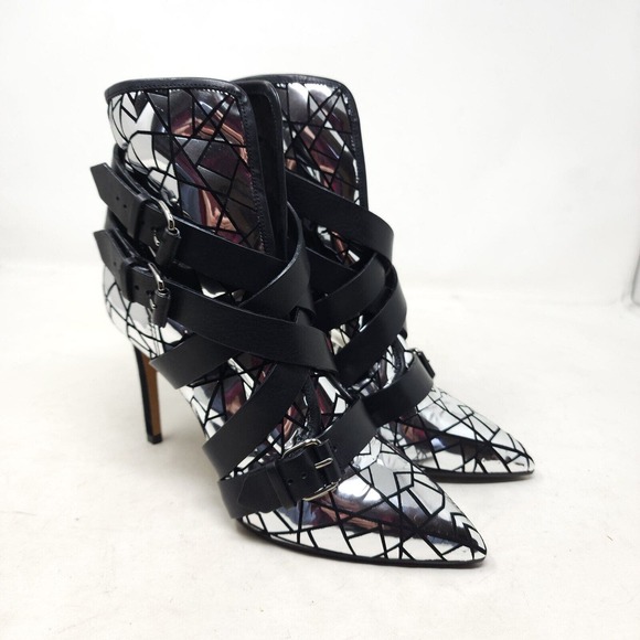 Balmain Paris Womens Boots Jackie Mosaic Silver Metallic Strappy Ankle Heel 37 7 - Picture 2 of 11